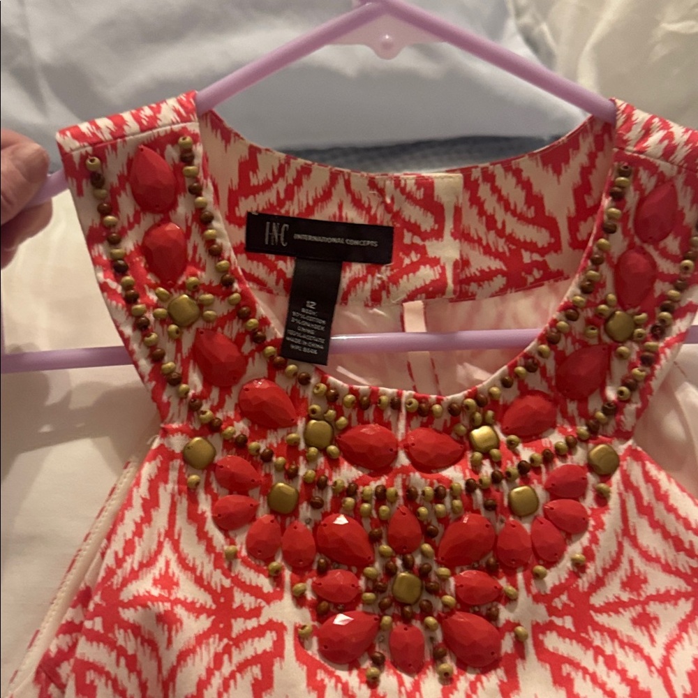 INC International Concepts Red and Cream Geometric Midi Dress